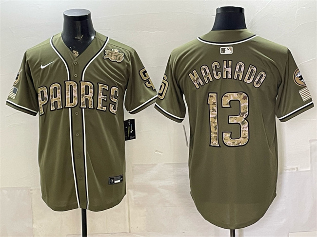 Men's San Diego Padres #13 Manny Machado Olive 2026 Armed Forces Day Stitched Baseball Jersey Men's San Diego Padres #13 Manny Machado Olive 2026 Armed Forces Day Stitched Baseball Jersey